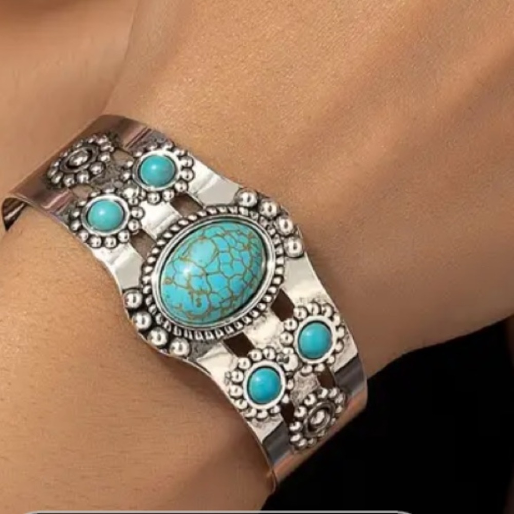 TURQUOISE & Silver Embossed Open Cuff Adjustable Bangle Bracelet NIB